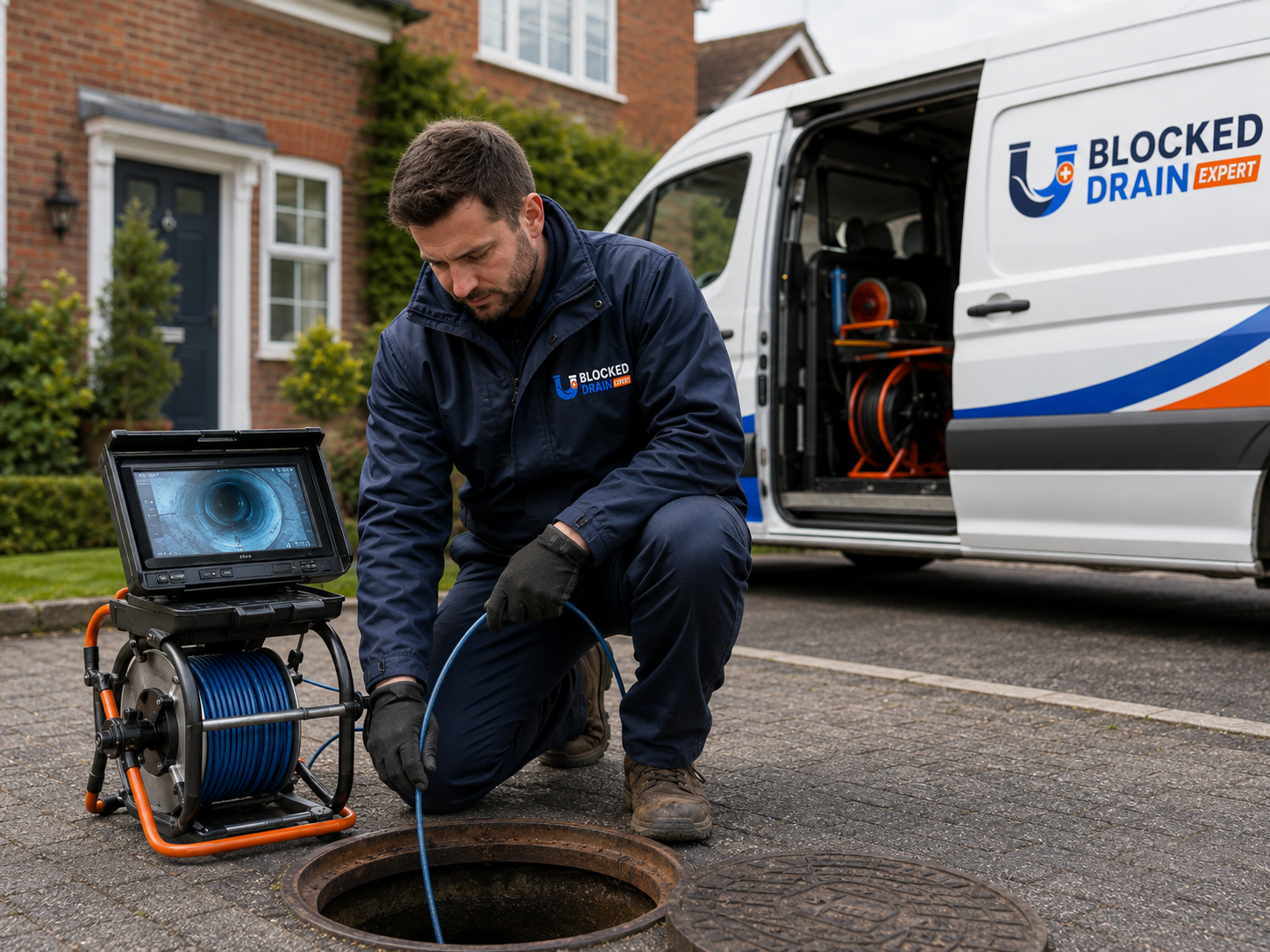 Blocked Drain Expert engineer with CCTV drainage equipment beside a branded service van