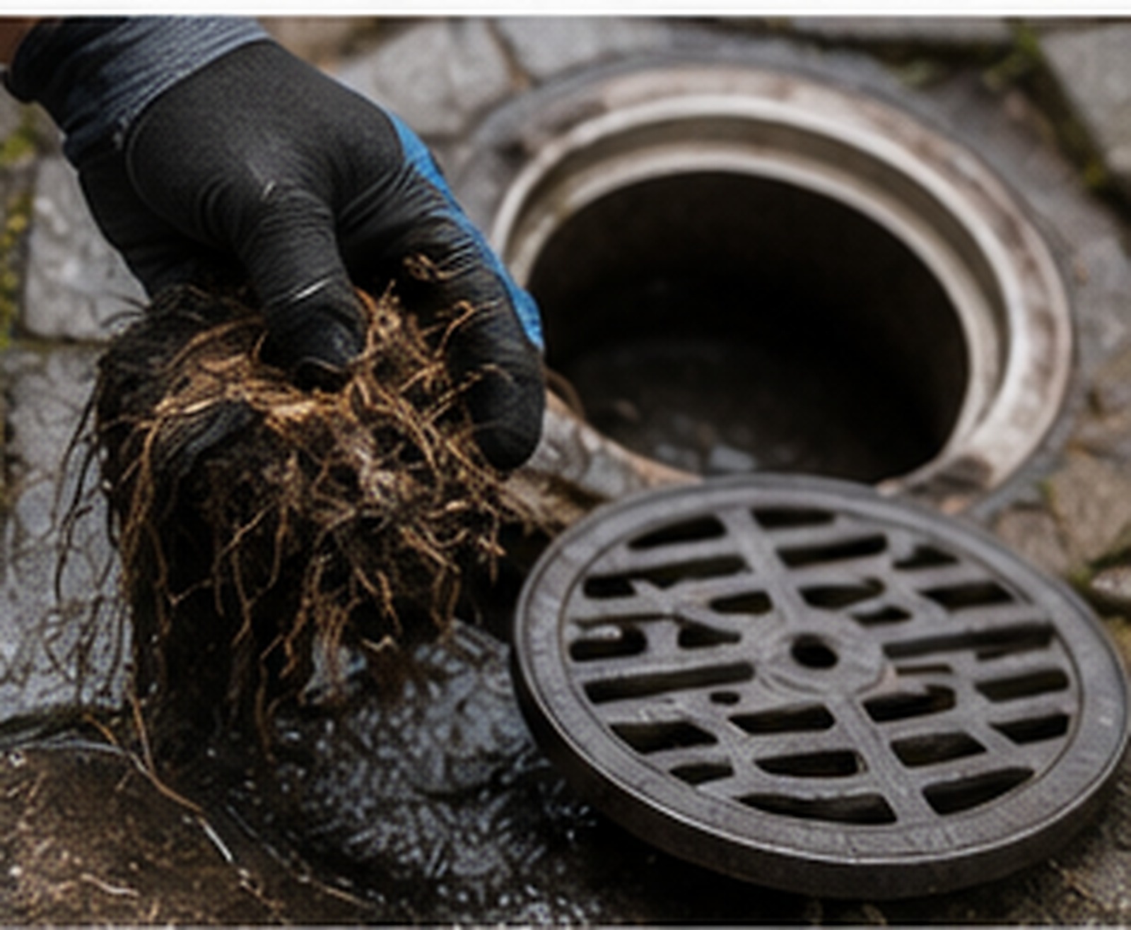Drain blockage and root ingress close-up